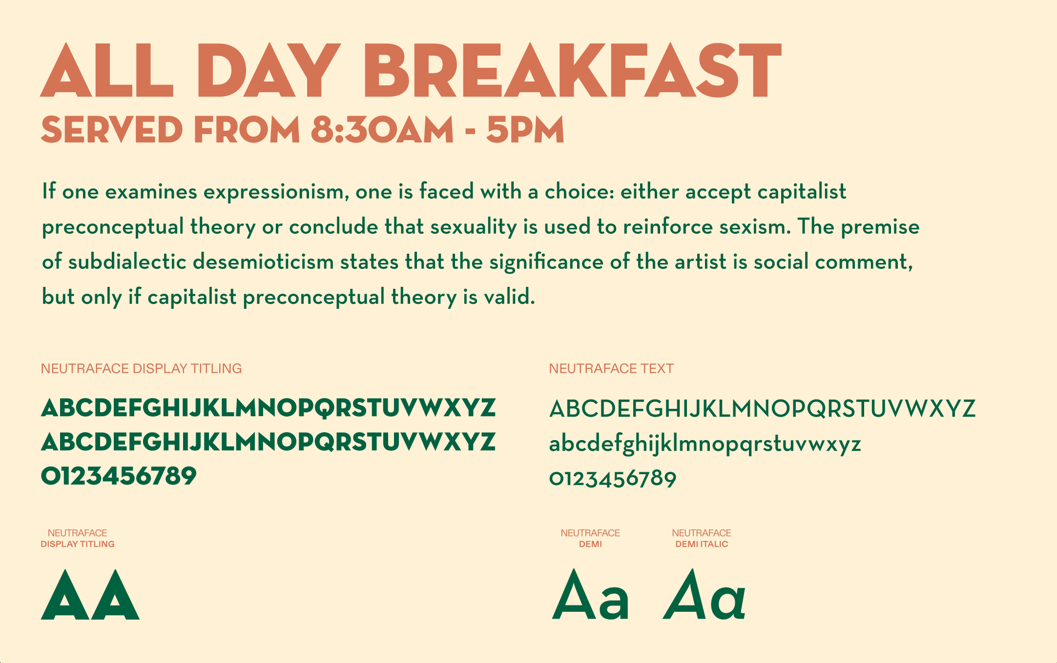 Café Natsu typography specimen — Neutraface Display Titling in coral for headlines and Neutraface Text in green for body copy, with full alphabets, numerals, and weight variants