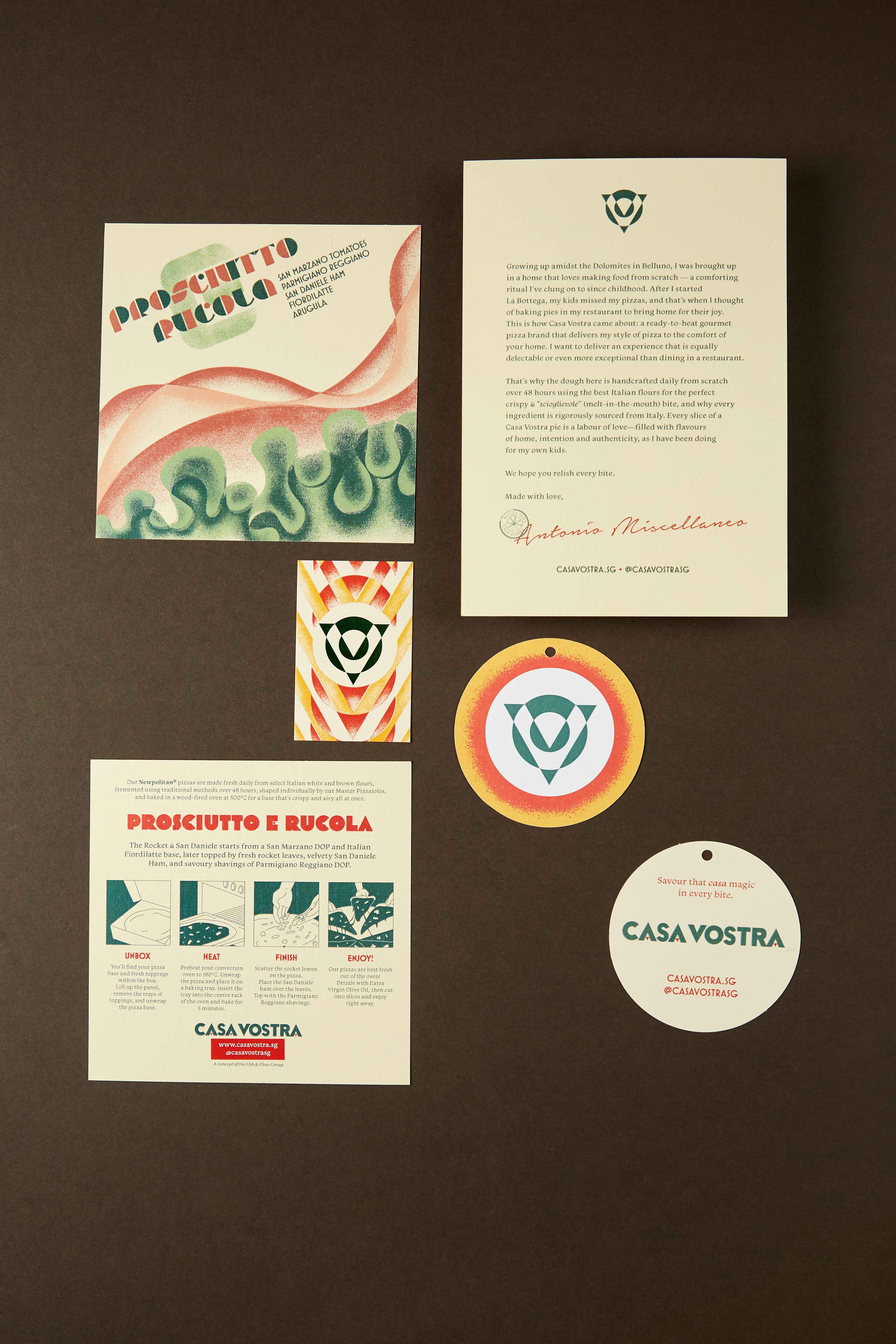 Flat-lay of printed collateral — recipe cards, the founder's letter, and circular logo hang tags