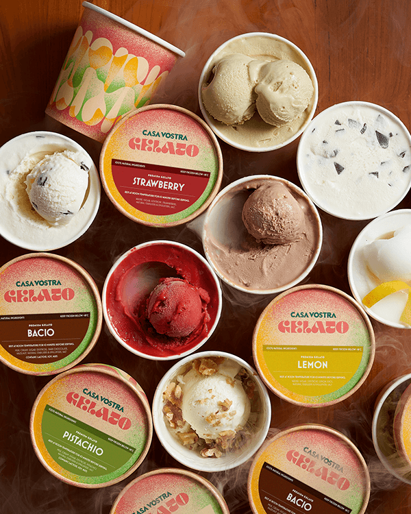 Top-down Casa Vostra gelato cups in Strawberry, Bacio, Pistachio, and Lemon flavours