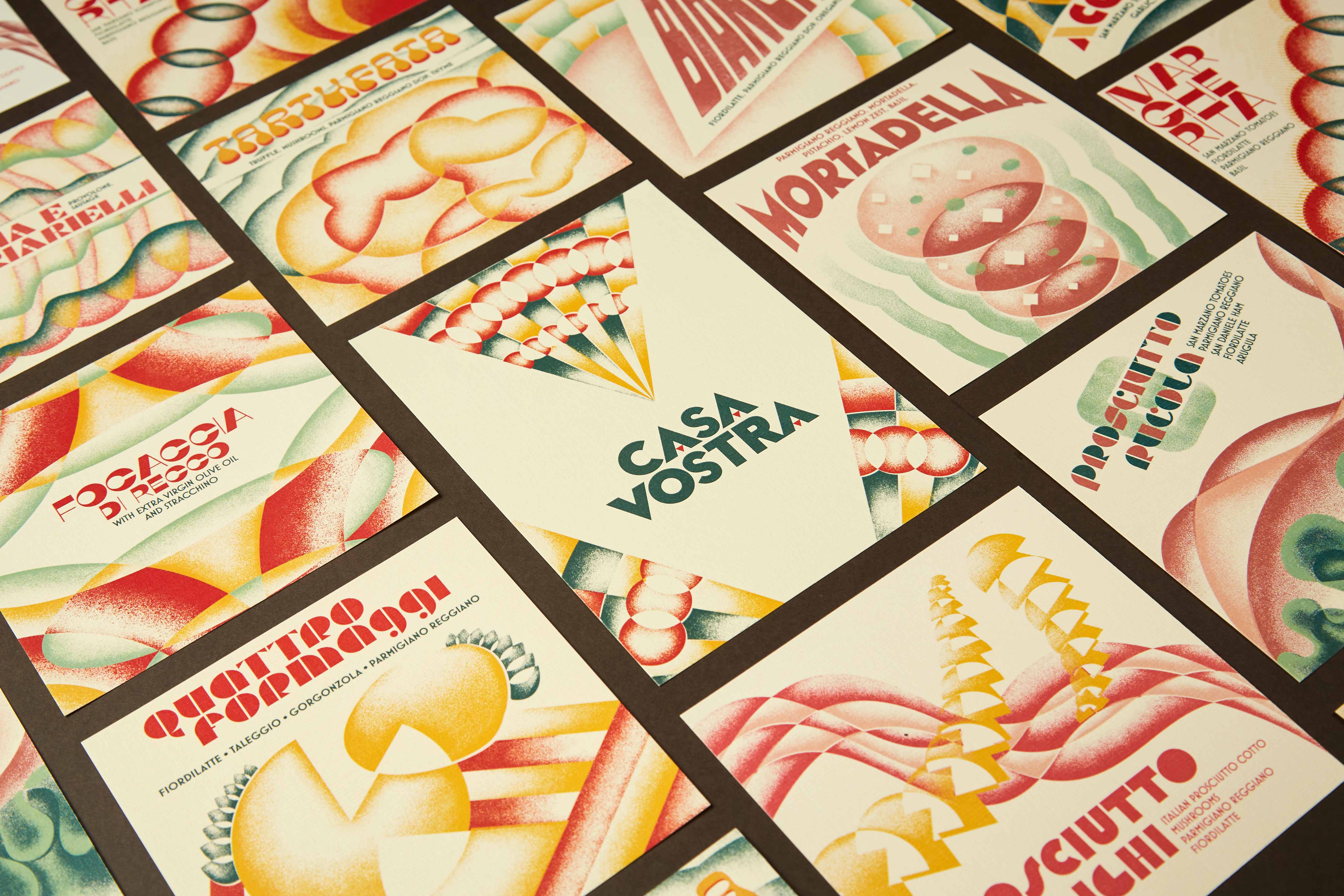 Casa Vostra brand flat-lay — a grid of Futurist-style food poster cards arranged around a central logo card