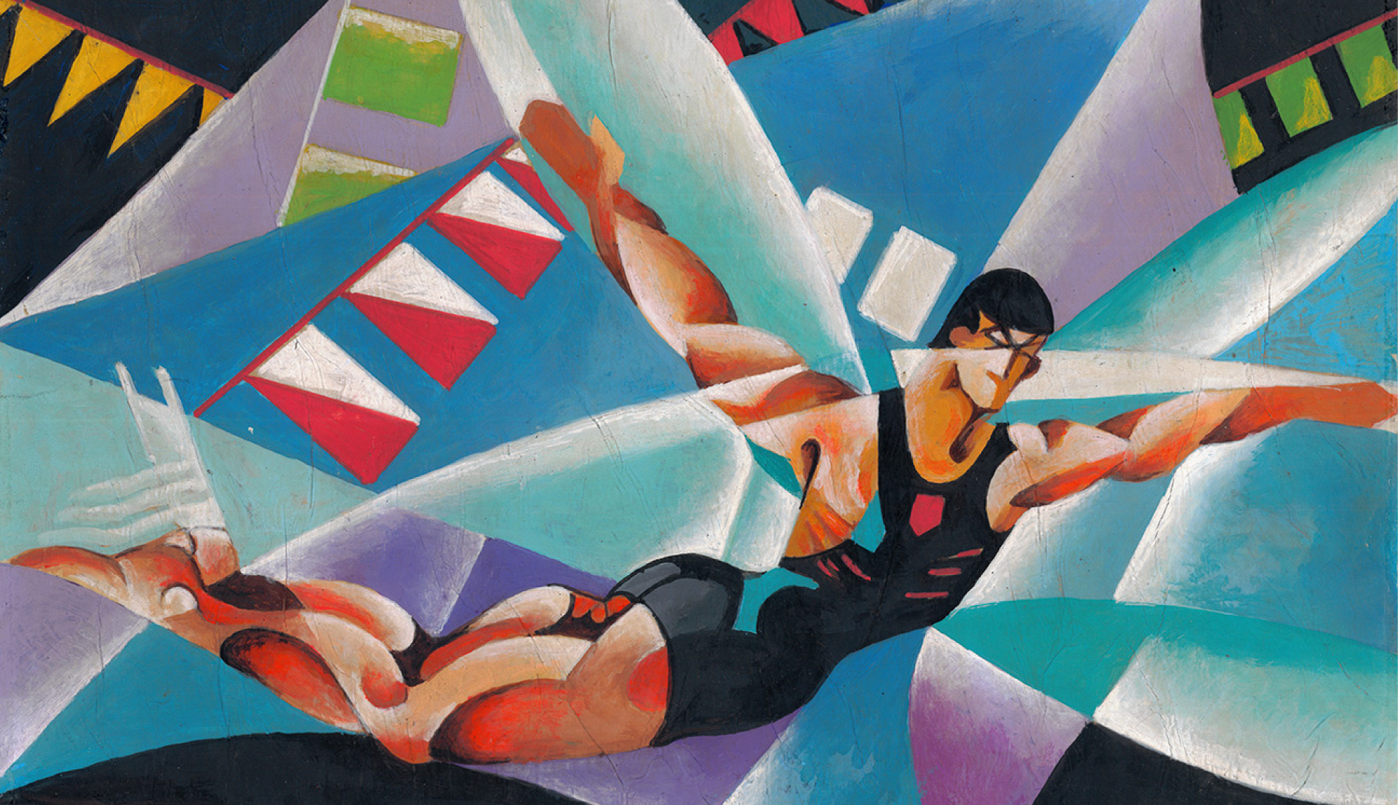 Italian Futurist painting of a dynamic figure in motion among flags and faceted planes