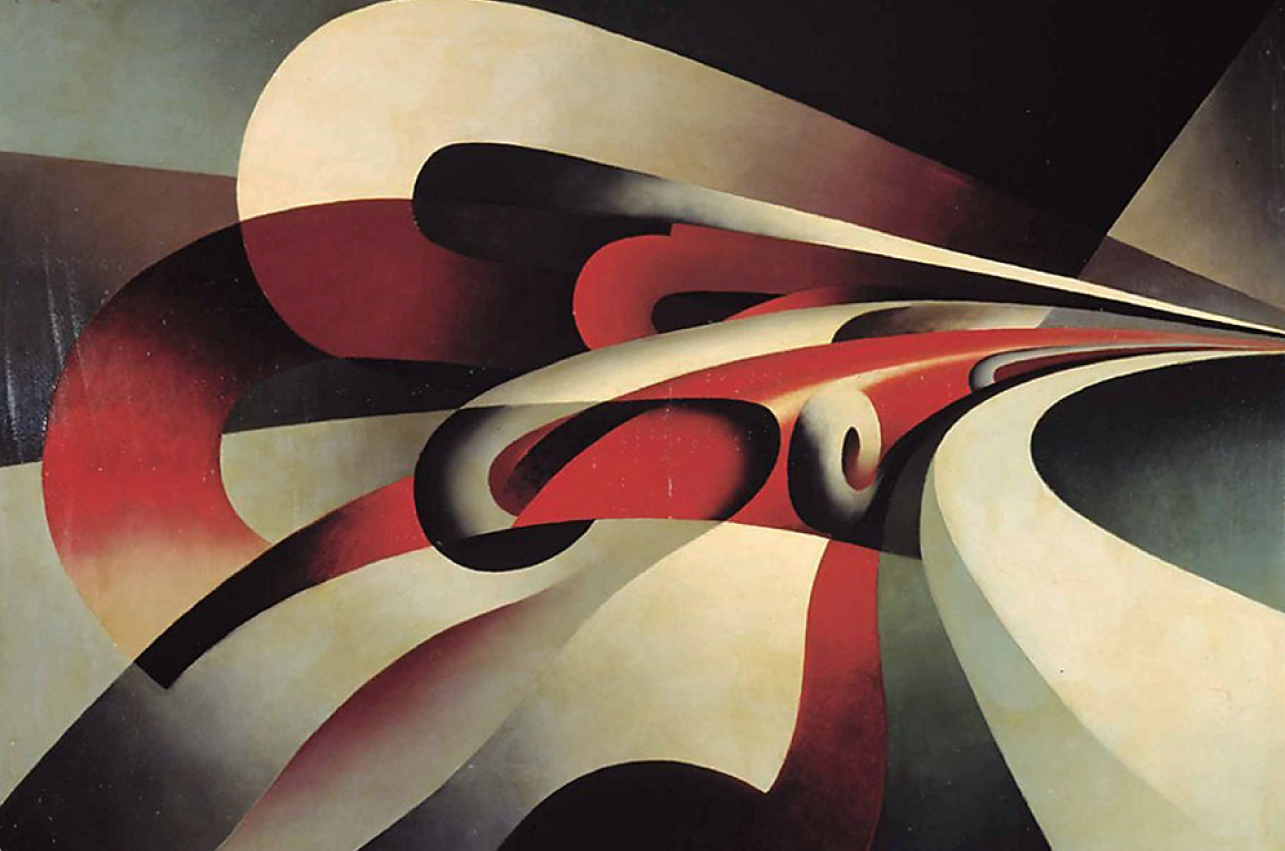 Abstract Futurist painting of swirling red, cream, and black forms suggesting speed