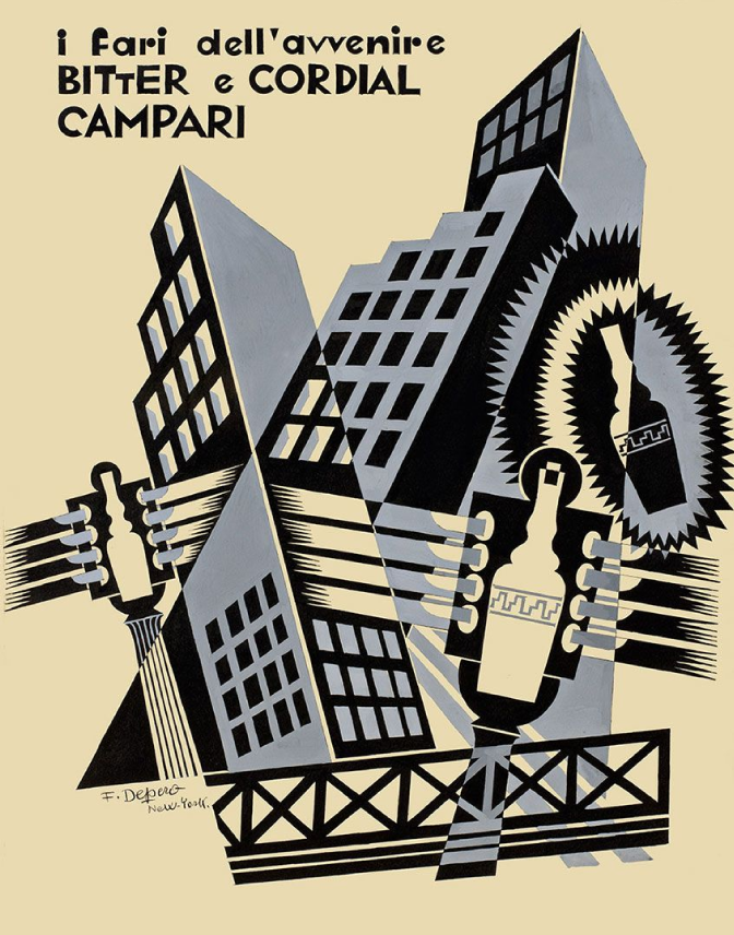 Fortunato Depero's Futurist Campari poster with geometric buildings and bottles