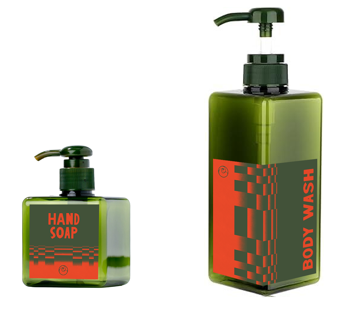 Hand soap and body wash amenity bottles in green with coral labels