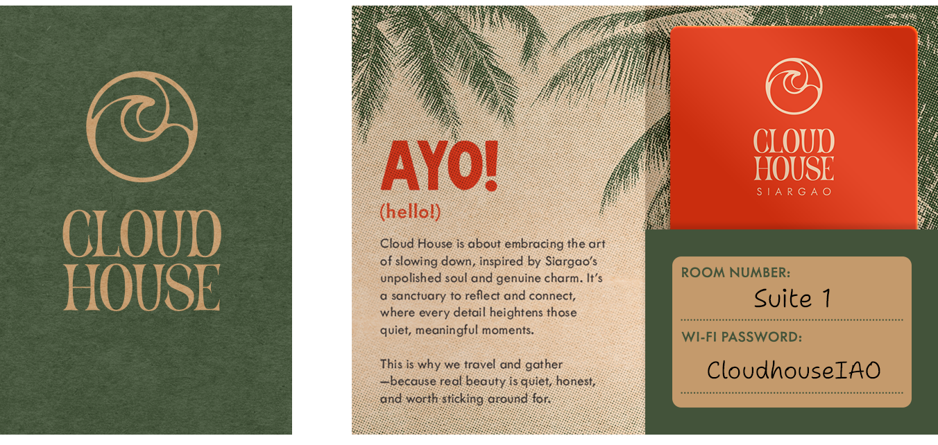 Welcome card set — logo card, AYO! intro card, and room key card