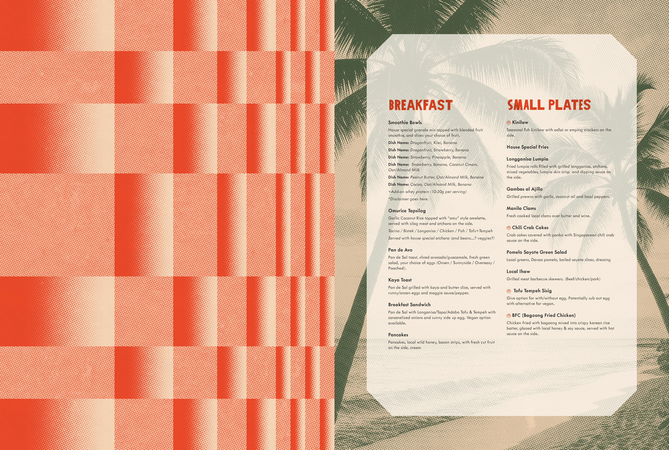 Cloud House food menu spread with plaid pattern and palm motif
