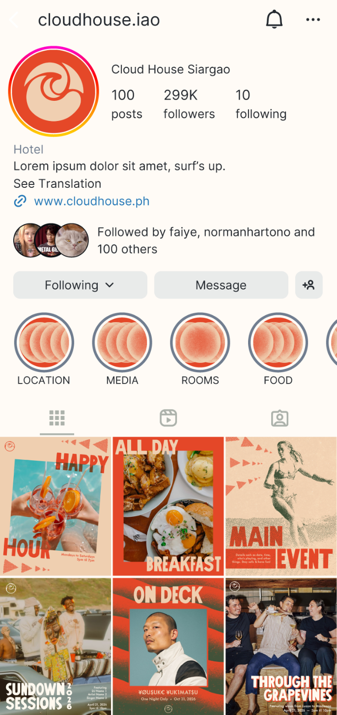 Cloud House Siargao Instagram profile mockup with story highlights and grid