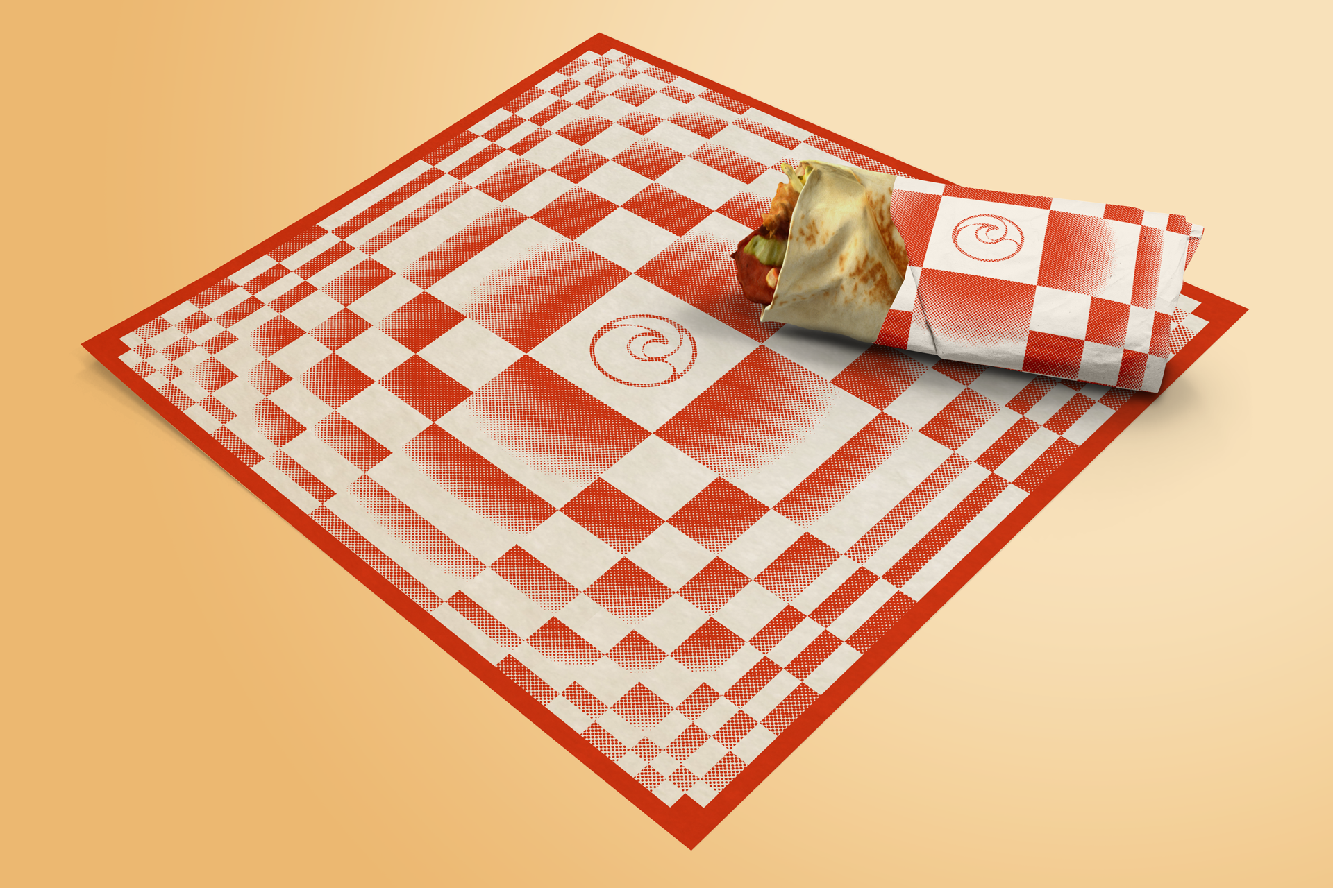 Checkerboard food wrap paper with the Cloud House wave logo
