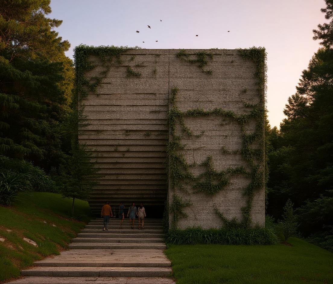 Cloud House at dusk — a monolithic concrete volume wrapped in climbing vines, approached by a long flight of stone steps