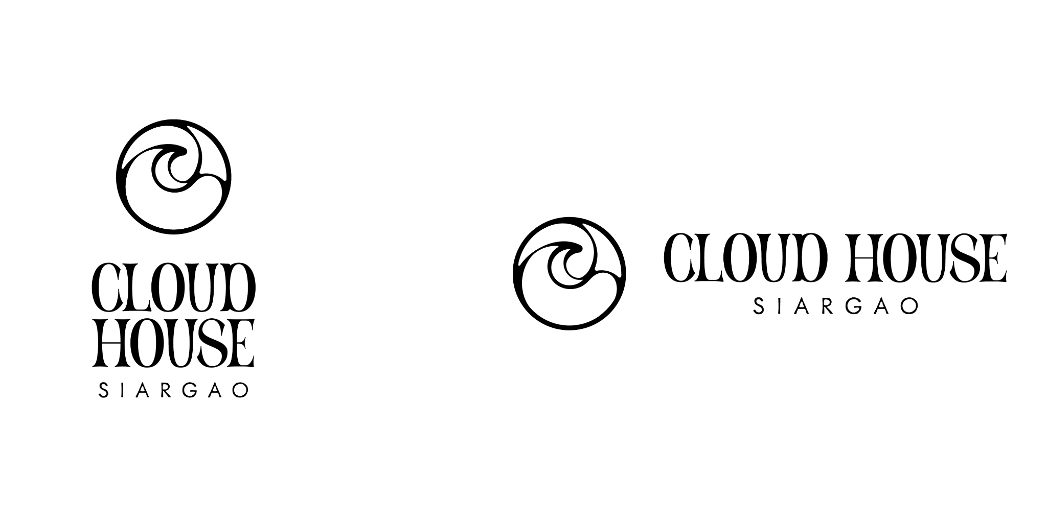 Cloud House logo lockups — circular wave emblem with the stacked and horizontal CLOUD HOUSE SIARGAO wordmark