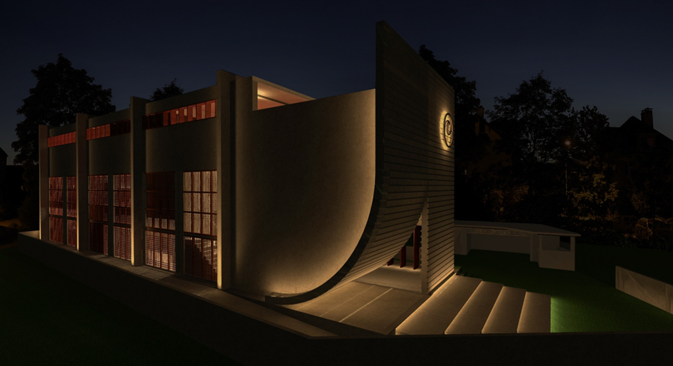 Exterior render showing the sweeping curved wall and illuminated entrance