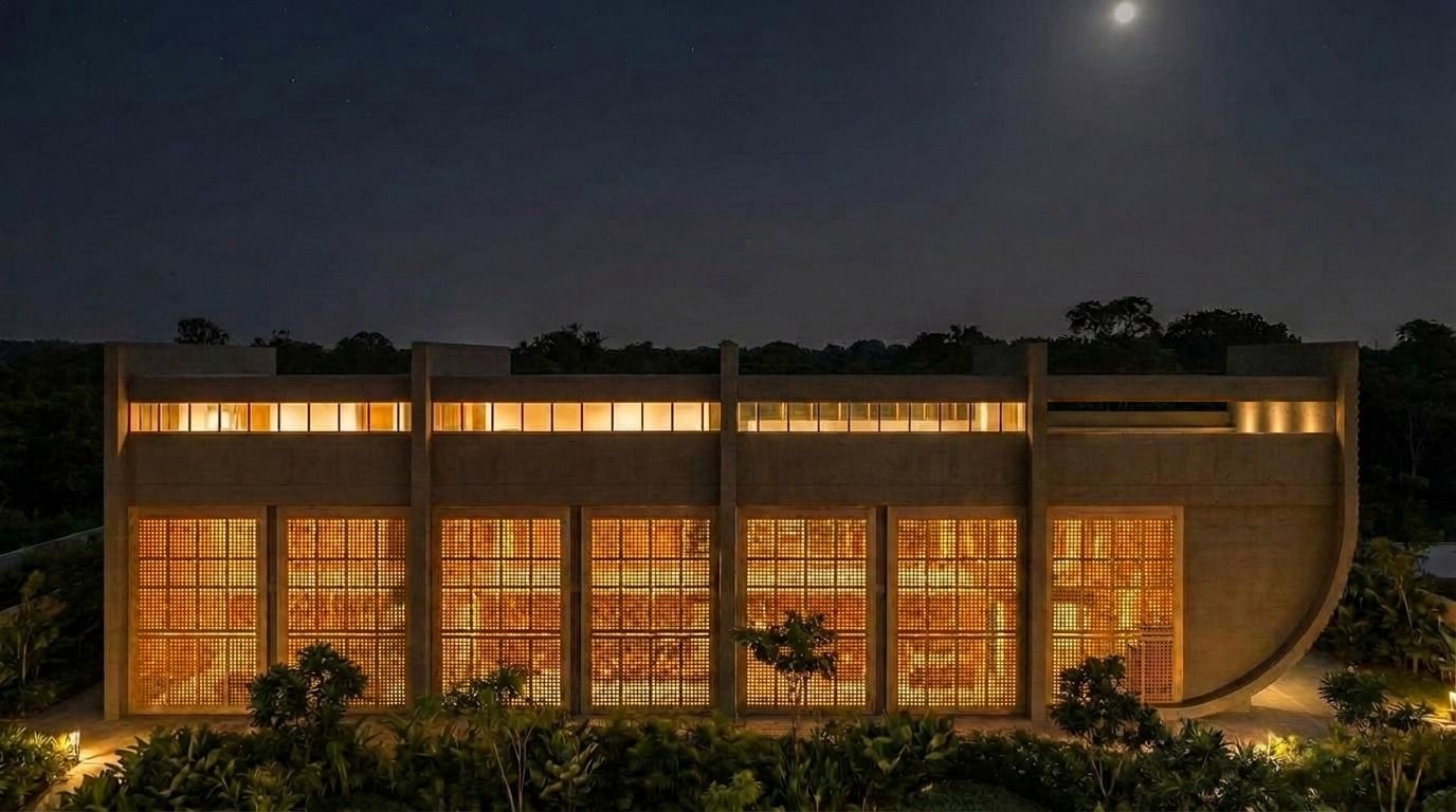 Night exterior — the long concrete facade glowing through amber timber lattice screens beneath the moon