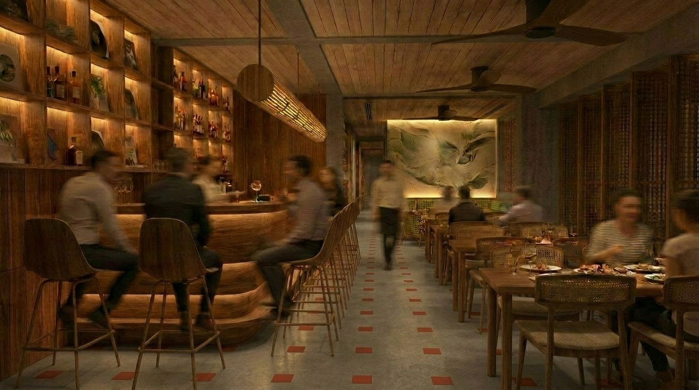 Dining hall and bar with backlit timber shelving, cane seating, and a carved relief mural
