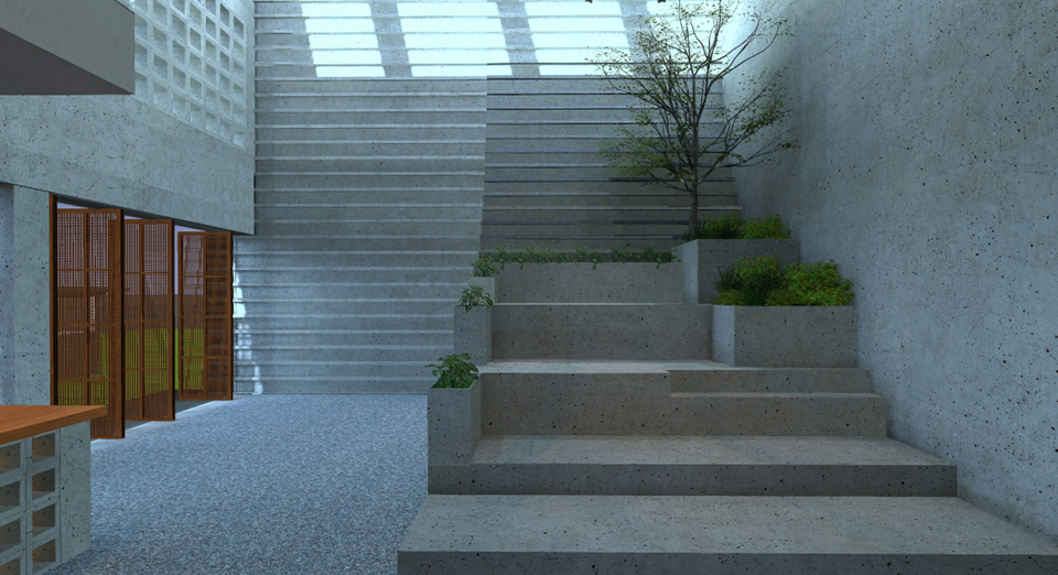 Concrete courtyard stair with terrazzo steps, planted terraces, and a skylit atrium