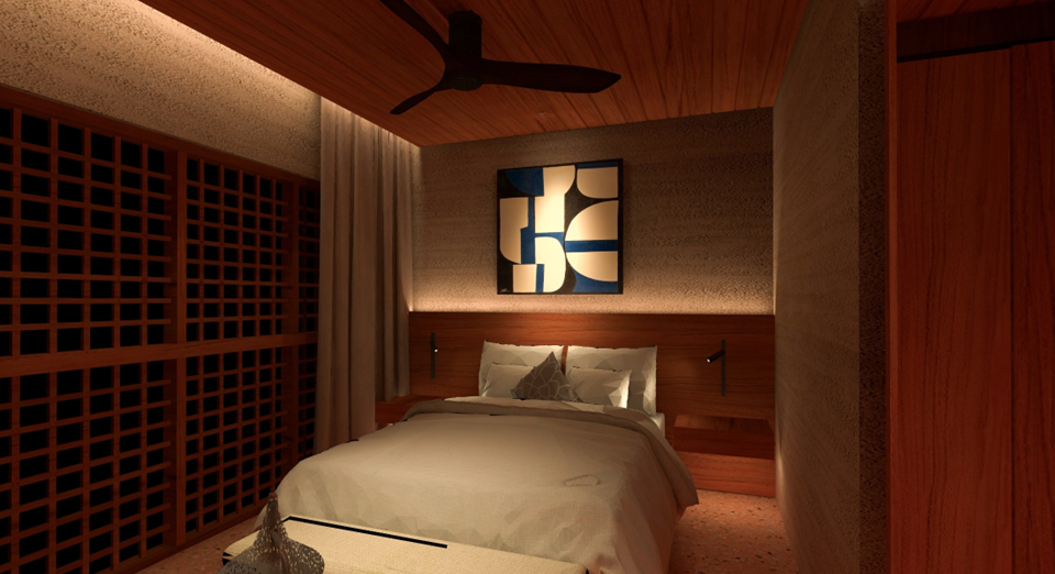Guest room with a warm-lit timber ceiling, lattice screen wall, and an abstract artwork above the bed