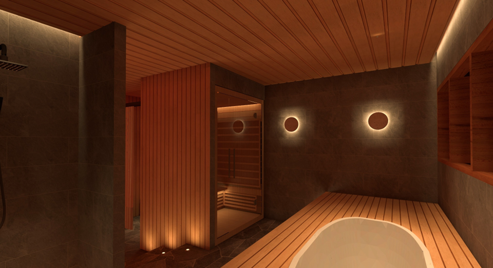 Spa with stone walls, a timber sauna cabin, soaking tub, and circular wall lights