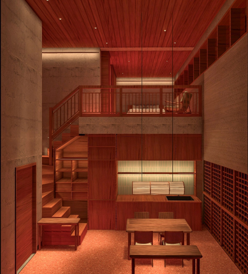 Double-height timber interior with a sculptural staircase, mezzanine, and warm terrazzo floors