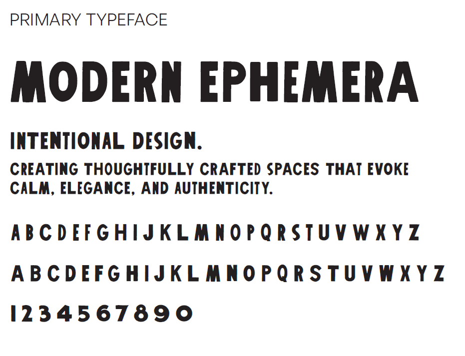 Primary typeface specimen — Modern Ephemera, shown with full alphabet and numerals