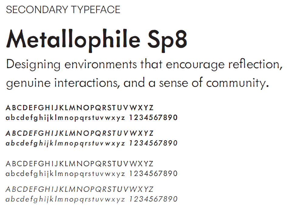 Secondary typeface specimen — Metallophile Sp8, shown with full alphabet and numerals
