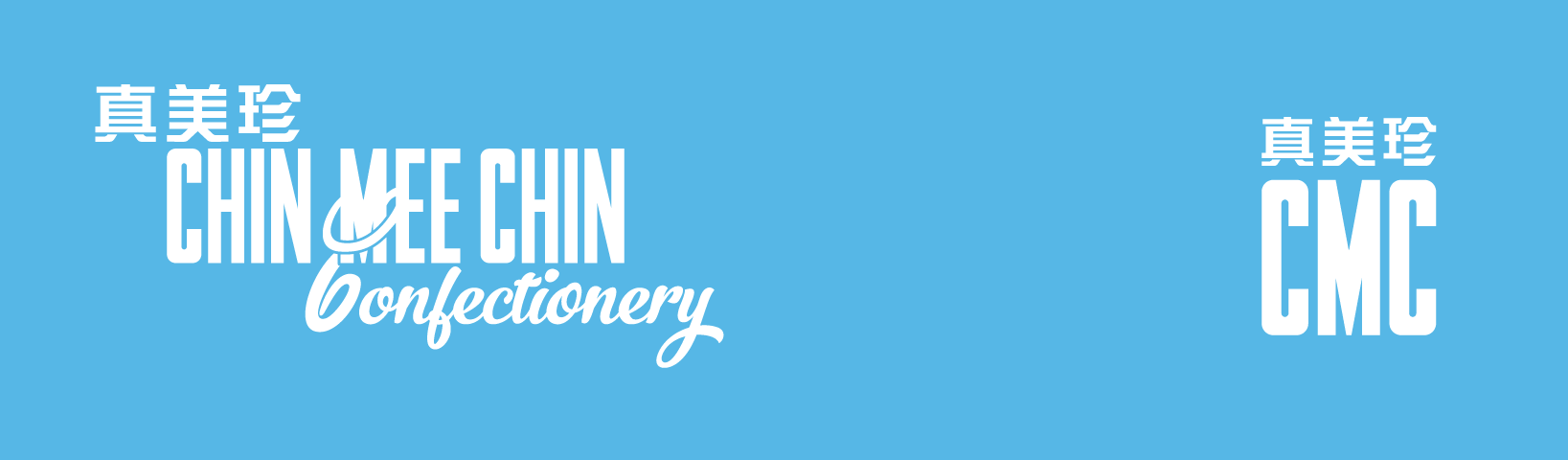 Chin Mee Chin Confectionery identity on sky blue — white wordmark left, 真美珍 CMC text right