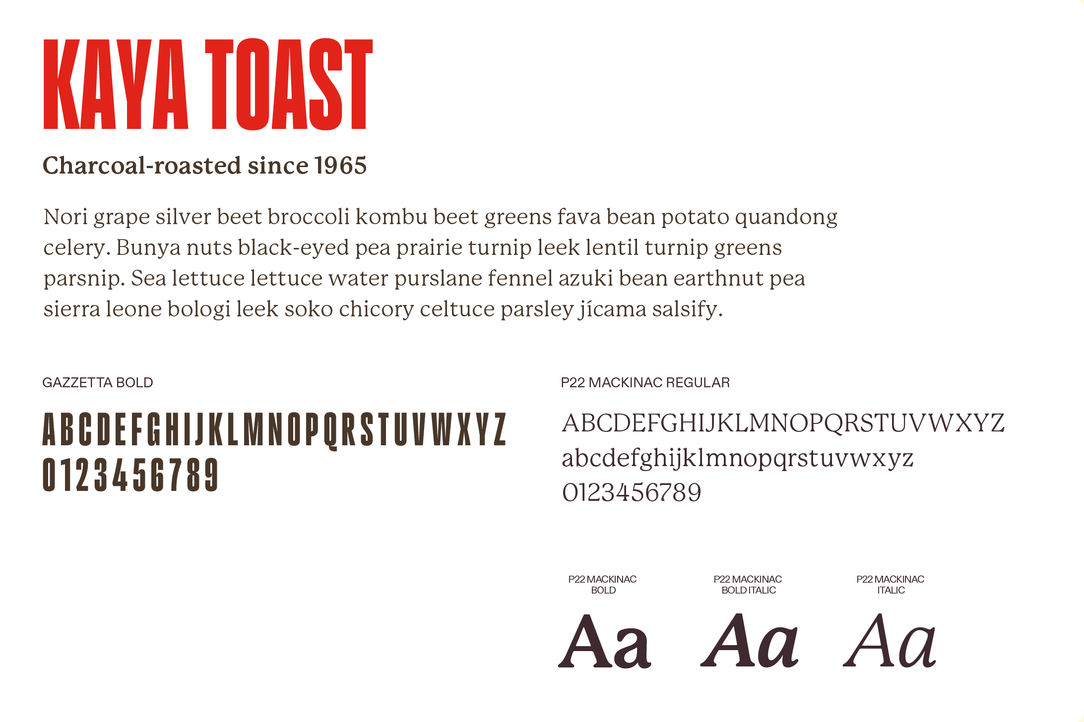 CMC typography specimen — Gazzetta Bold for display and P22 Mackinac Regular, Bold, and Italic for body text