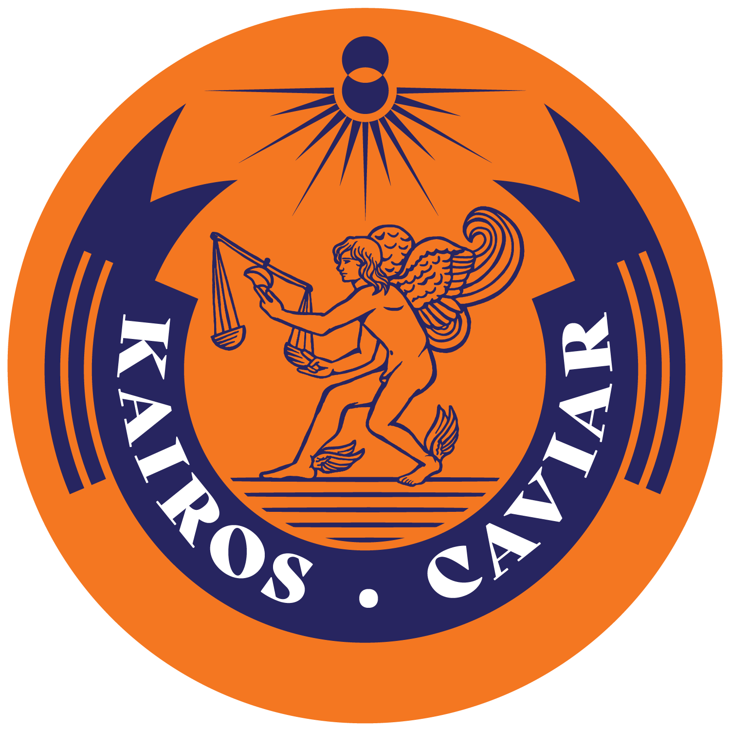 Kairos Caviar circular crest — a winged figure of Kairos holding scales beneath a sunburst, ringed by KAIROS · CAVIAR in navy on orange