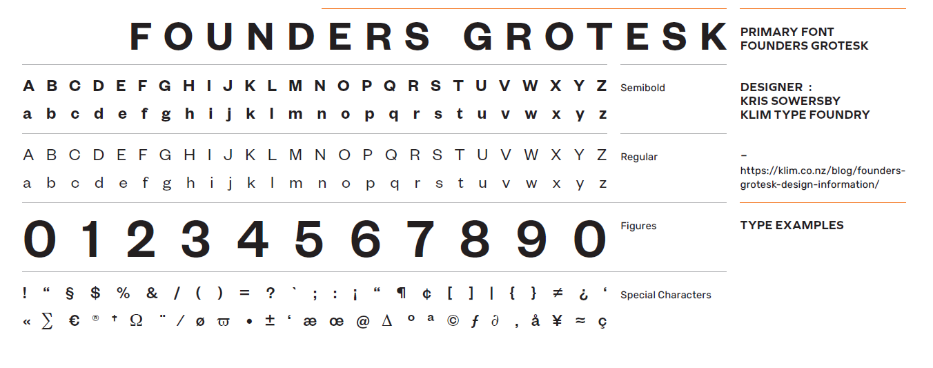 Primary typeface specimen — Founders Grotesk by Kris Sowersby, Klim Type Foundry, shown with full alphabet, numerals, and special characters