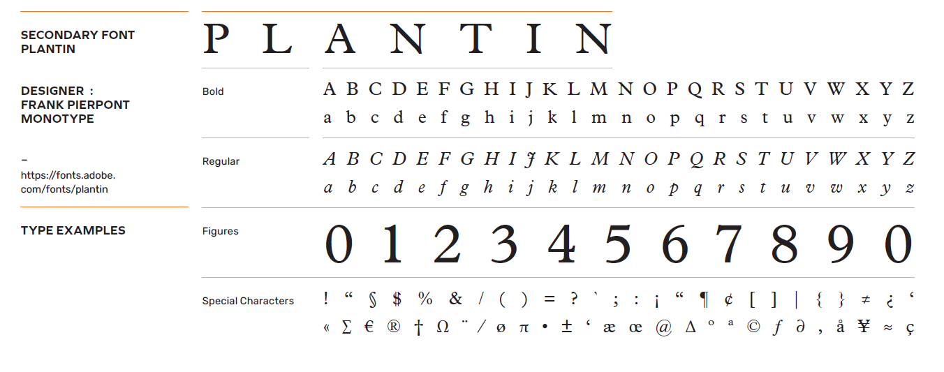 Secondary typeface specimen — Plantin by Frank Pierpont, Monotype, shown with full alphabet, numerals, and special characters