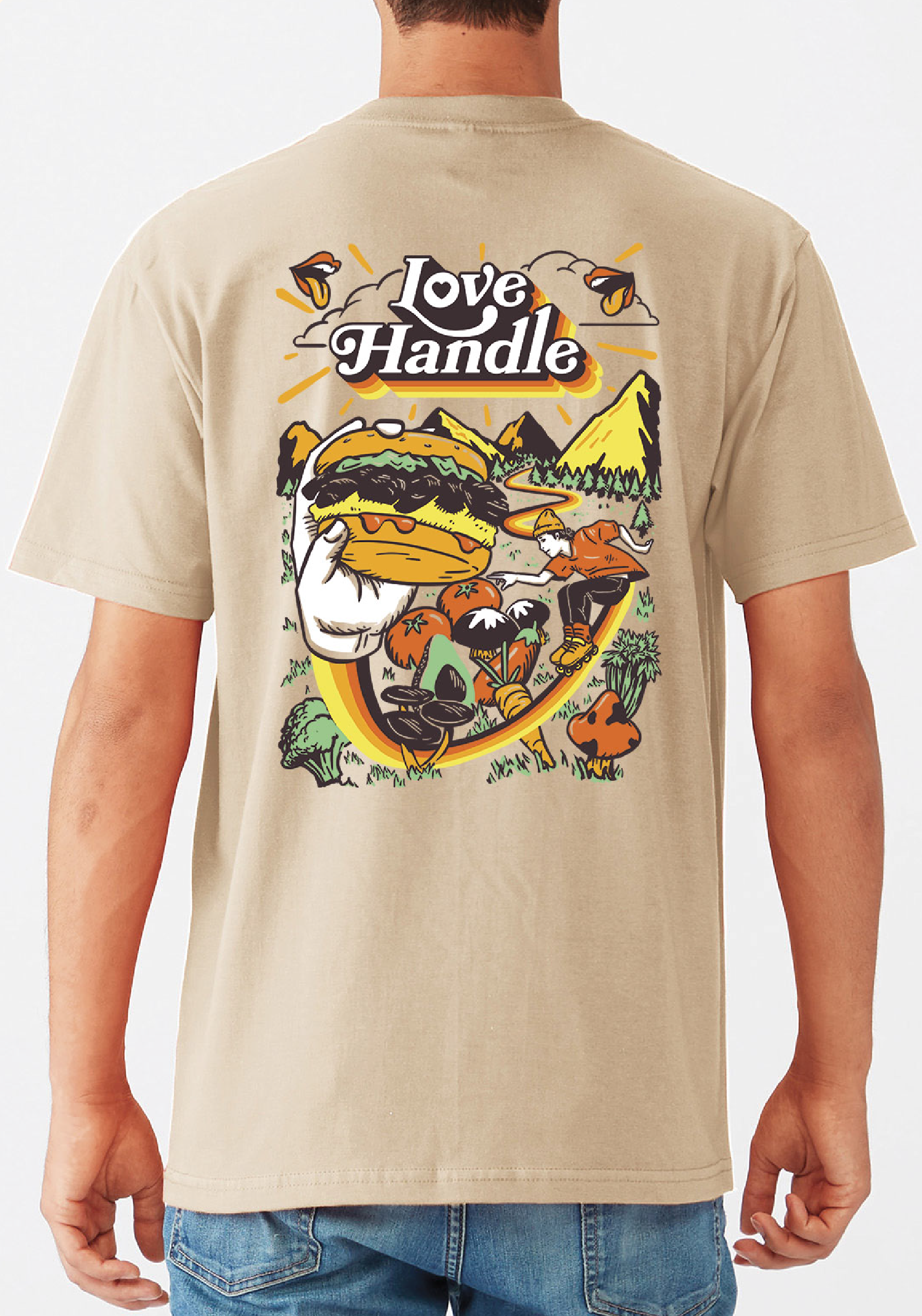 Beige t-shirt back print — retro Love Handle illustration of a burger, tumbling vegetables, a rollerblading skater, mountains and a rainbow arc