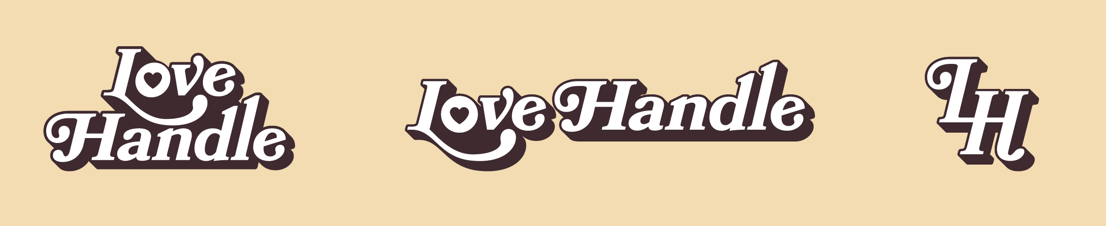 Love Handle identity on oatmeal — three brand lockups in cocoa-and-white retro script with a hard drop shadow: a stacked Love Handle wordmark, a horizontal Love Handle wordmark, and an interlocking LH monogram badge