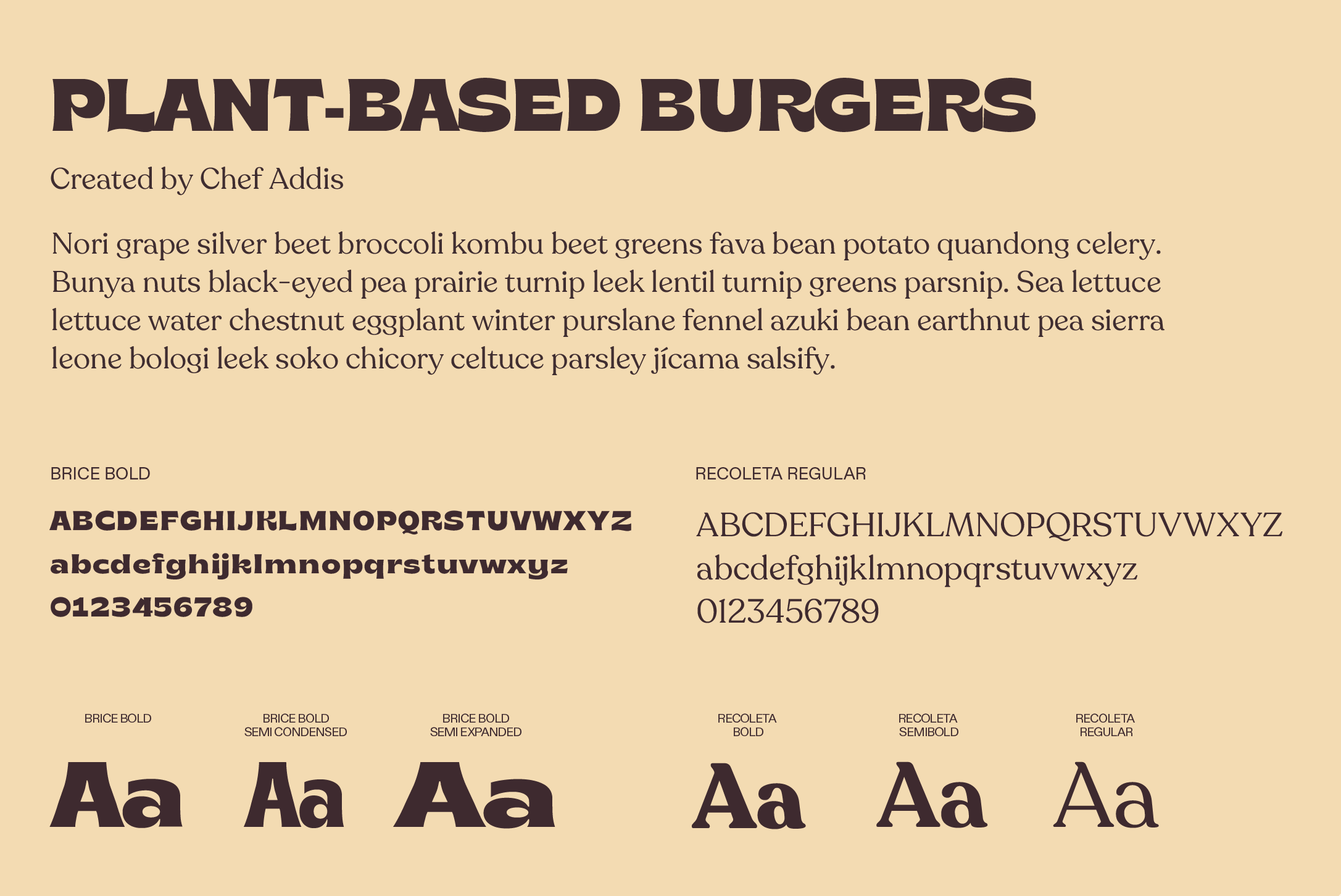 Love Handle typography specimen on oatmeal — Brice Bold used for the PLANT-BASED BURGERS display headline paired with Recoleta Regular serif body copy, shown with full alphabets, numerals and weight variants