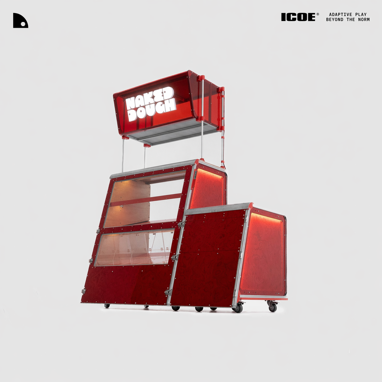 The full modular Naked Dough pop-up booth — an illuminated red acrylic NAKED DOUGH signage box mounted on aluminium poles above a trapezoidal wheeled display cabinet with an angled glass front and timber shelving, beside a second lower red flight-case module