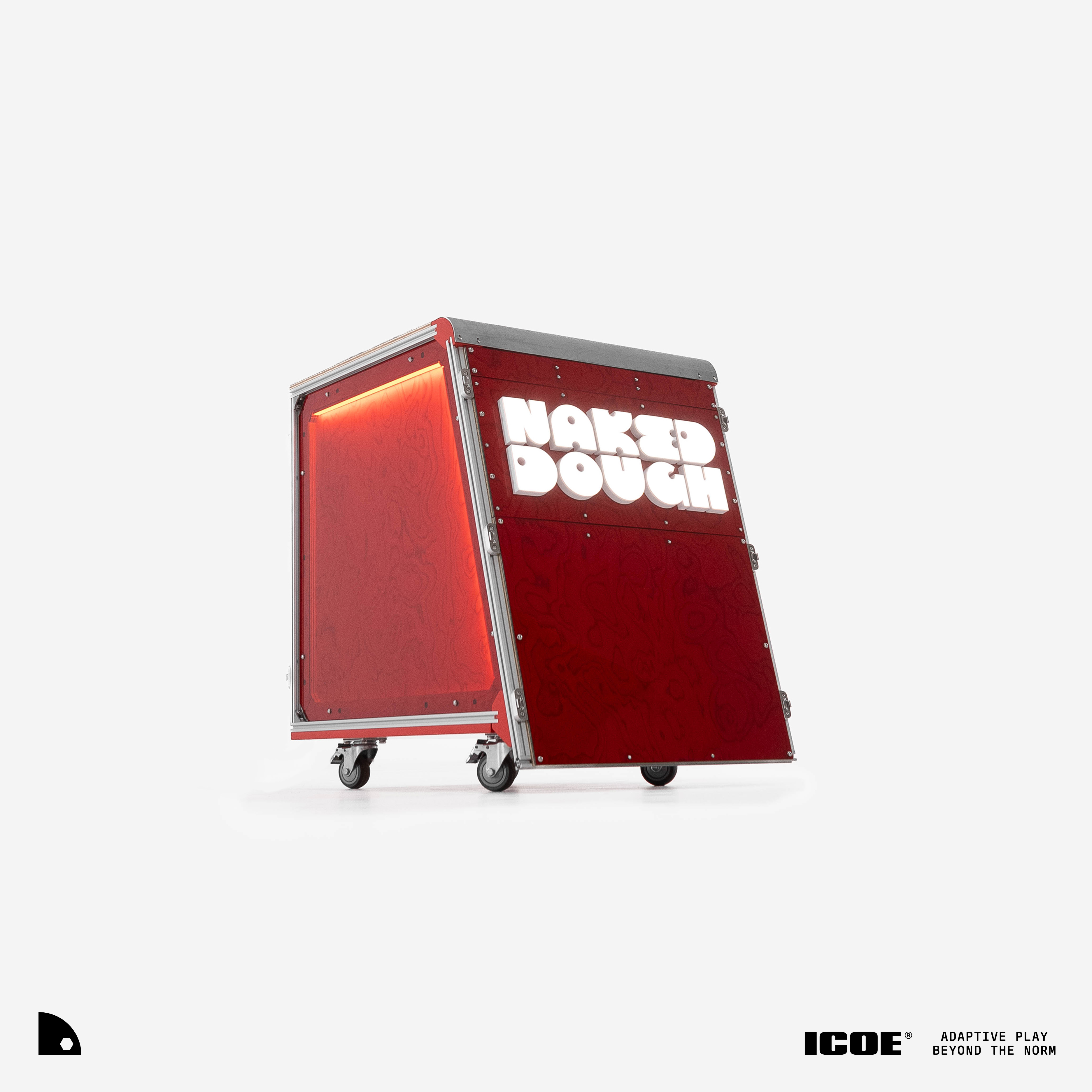 A single closed Naked Dough module — trapezoidal red flight-case cart with glowing white NAKED DOUGH lettering, an orange-lit red acrylic side panel and aluminium-extrusion frame on braked swivel casters