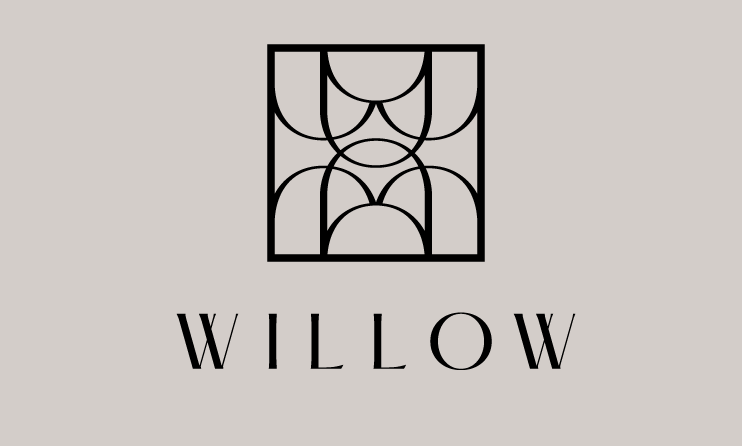 Willow identity on Tsuchi — square Art Deco interlocking arch badge mark centred above wide-spaced serif WILLOW wordmark in stacked layout