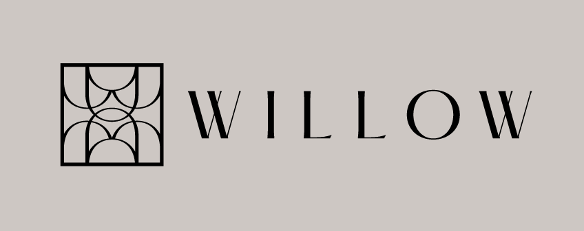 Willow identity on Tsuchi — same Art Deco badge mark left-aligned in horizontal lockup with wide-spaced serif WILLOW wordmark to the right