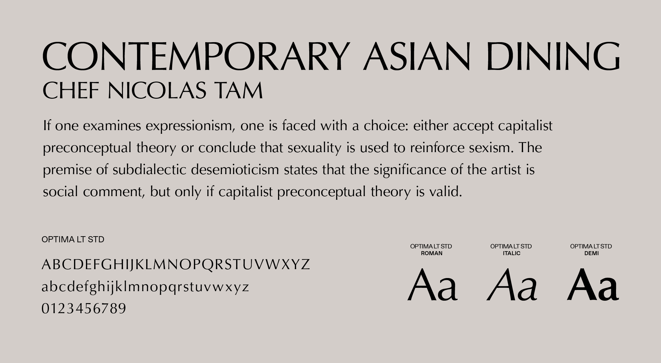 Willow typography specimen — Optima LT Std in Roman, Italic, and Demi weights with full uppercase and lowercase alphabets and numerals on a Tsuchi ground